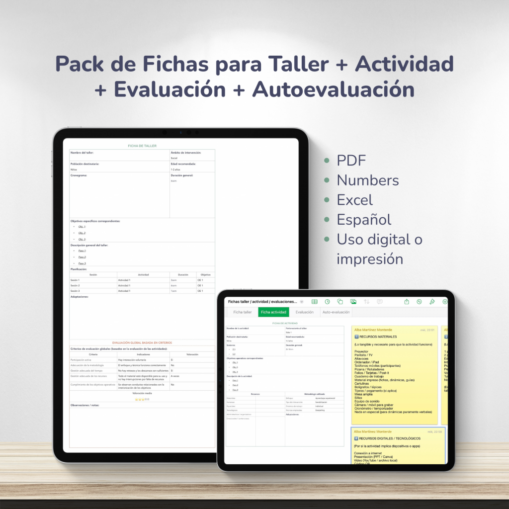 Pack de plantillas de fichas y evaluación para talleres de intervención social (listo para usar)
