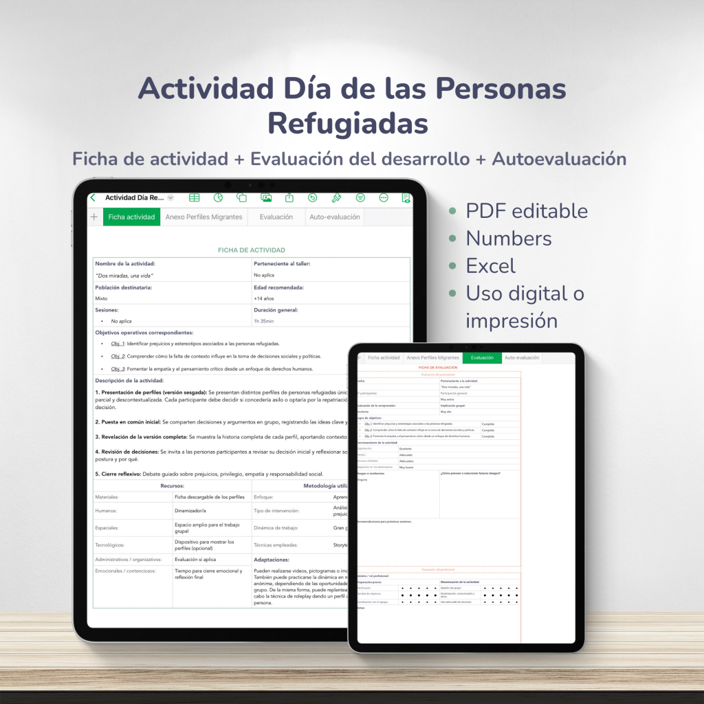 Actividad Día de las Personas Refugiadas | Ficha editable + Evaluación y Autoevaluación | (PDF, Excel, Numbers)