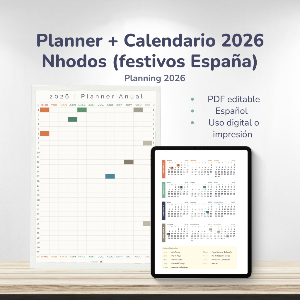 Planner + Calendario 2026 Nhodos (festivos España)